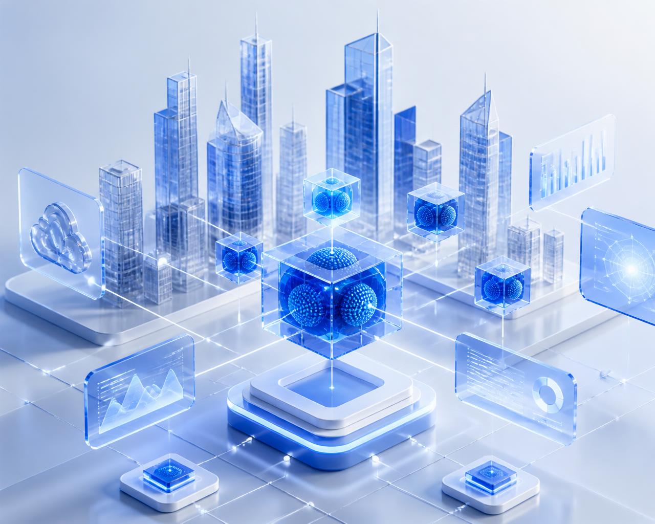 Isometric illustration of connected cloud, AI and analytics systems above a city skyline